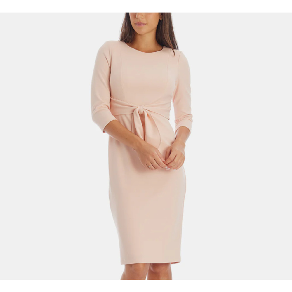 Adrianna Papell Dress 6 Pink Waist Tie Knit 3/4 Sleeve Knee Length Stretch Slit
